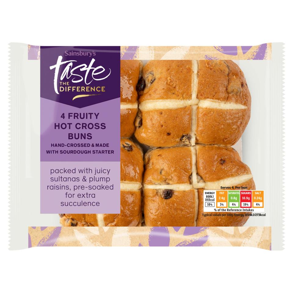 Package of four fruity hot cross buns.