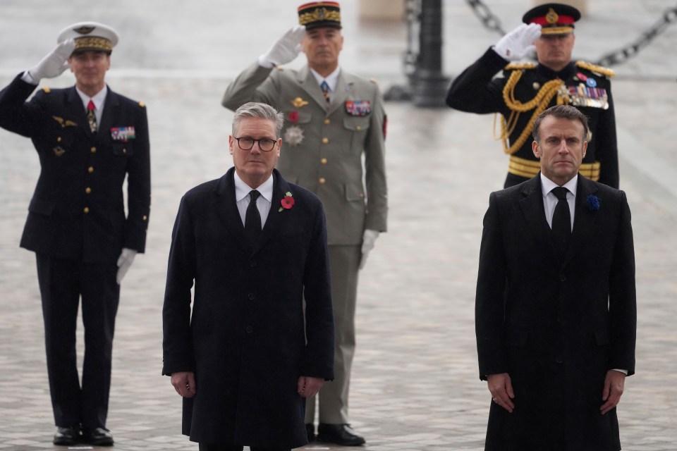 Emmanuel Macron and Keir Starmer at Armistice Day ceremonies.