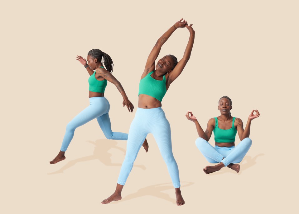 Collage of a woman running, stretching, and meditating.