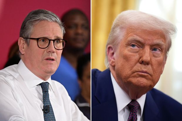 An image collage containing 2 images, Image 1 shows Keir Starmer speaking at a healthcare provider, Image 2 shows Close-up of Donald Trump