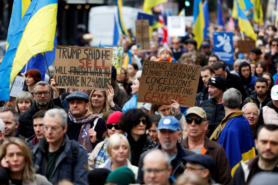 Protesters marching in solidarity with Ukraine.