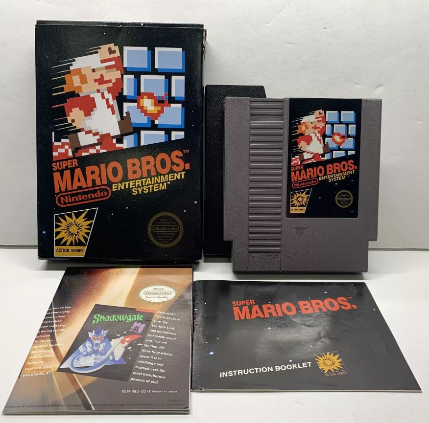 Super Mario Bros. Nintendo Entertainment System game box and instruction booklet.
