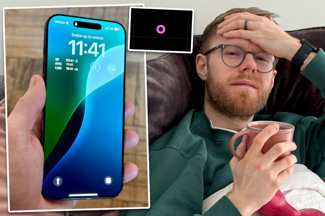 Man holding a phone and a mug, looking unwell.