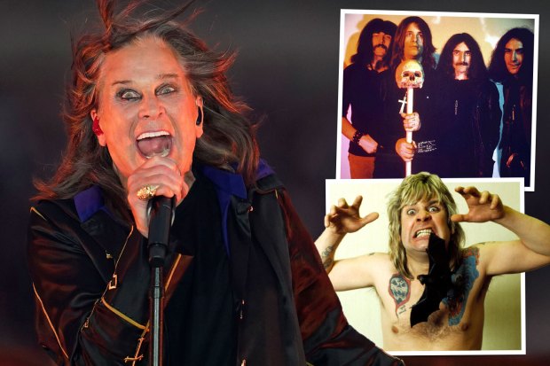 Collage of Ozzy Osbourne singing, Black Sabbath, and Ozzy Osbourne with a bat.
