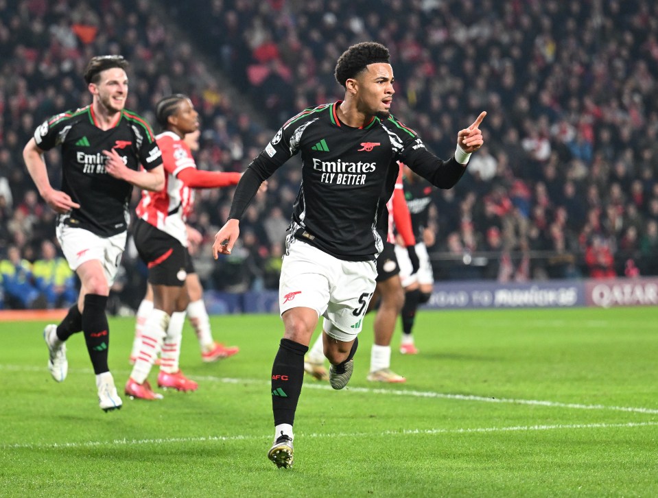 Ethan Nwaneri celebrating an Arsenal goal.