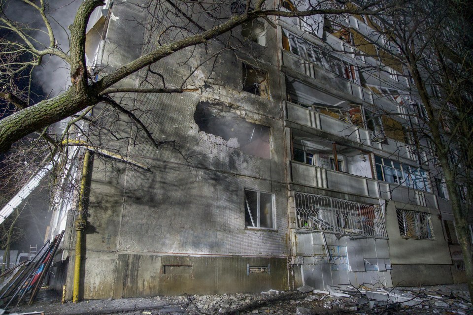 Damaged apartment building in Kharkiv, Ukraine, after a drone attack.