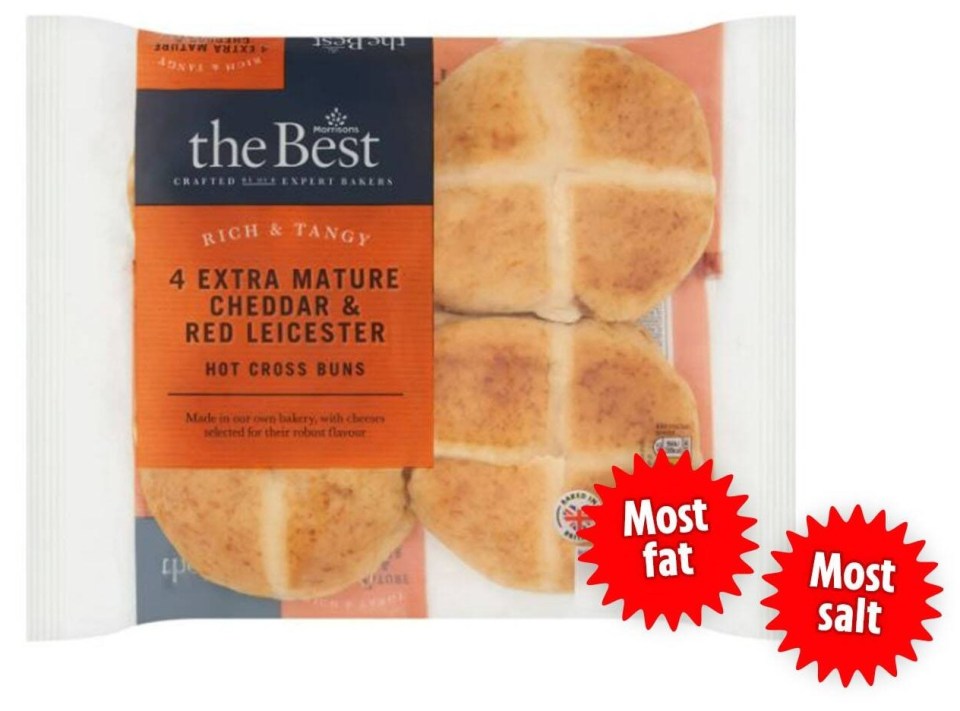 Package of four cheddar and red Leicester hot cross buns.