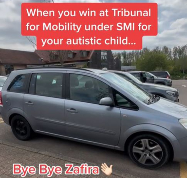 TikTok video showing a new car obtained through the Motability scheme after a successful tribunal.