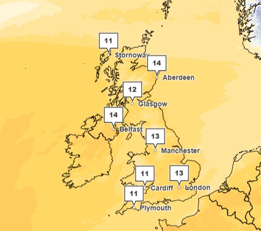 Map of Great Britain showing temperatures in several cities.