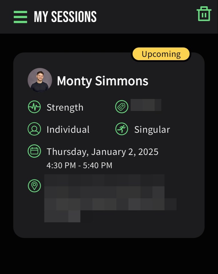 Screenshot of a fitness app showing an upcoming session with Monty Simmons.