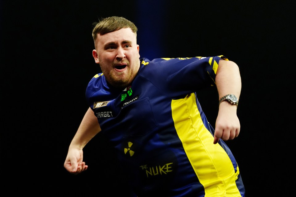 Luke Littler celebrates a nine-darter during his match against Michael Van Gerwen on night seven of the BetMGM Premier League at Utilita Arena, Cardiff. Picture date: Thursday March 20, 2025. PA Photo. See PA story DARTS Cardiff. Photo credit should read: David Davies/PA Wire. RESTRICTIONS: Use subject to restrictions. Editorial use only, no commercial use without prior consent from rights holder.