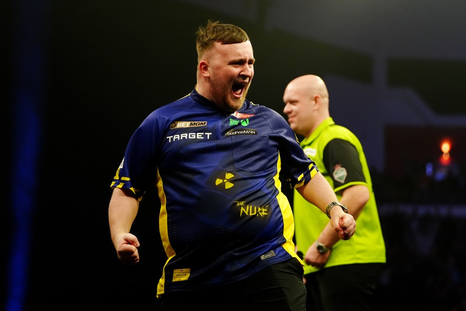 Luke Littler celebrates a nine-darter during his match against Michael Van Gerwen on night seven of the BetMGM Premier League at Utilita Arena, Cardiff. Picture date: Thursday March 20, 2025. PA Photo. See PA story DARTS Cardiff. Photo credit should read: David Davies/PA Wire. RESTRICTIONS: Use subject to restrictions. Editorial use only, no commercial use without prior consent from rights holder.