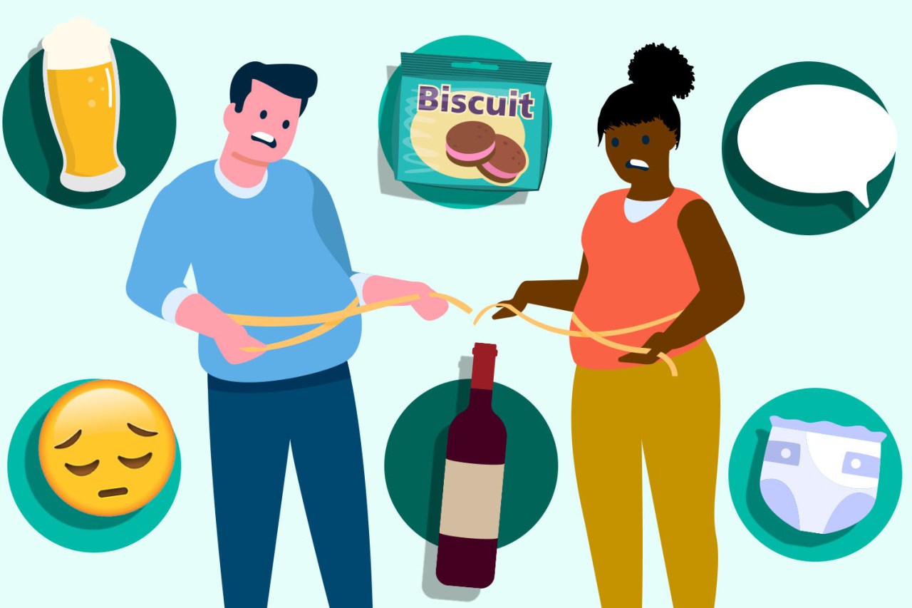Illustration of a man and a pregnant woman measuring their waists with a tape measure, surrounded by images of alcohol, biscuits, and a diaper.