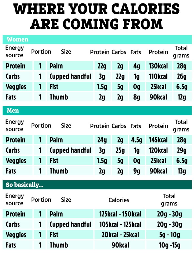 Illustration of a chart showing where calories come from for men and women, broken down by protein, carbs, veggies, and fats.