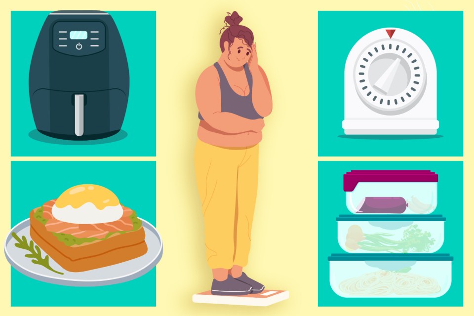 Illustration of a woman on a scale, an air fryer, a timer, and meal prep containers.