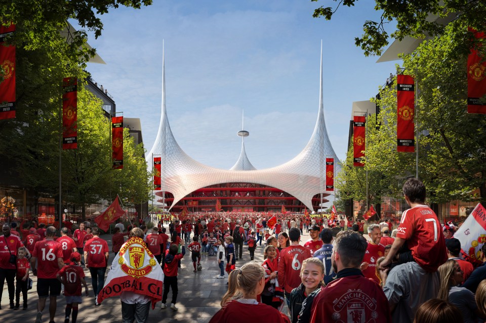 Illustration of Manchester United fans outside a new stadium.