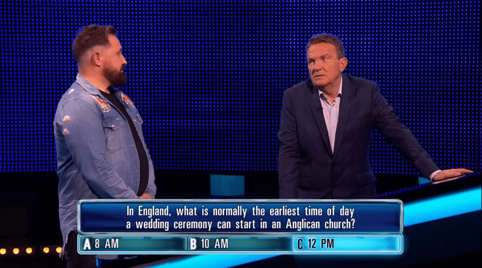 Screenshot of a game show question:  "In England, what is normally the earliest time of day a wedding ceremony can start in an Anglican church?" with answer choices 8 AM, 10 AM, and 12 PM.