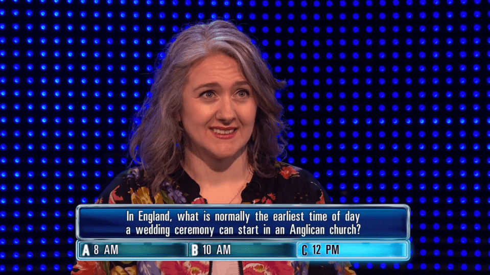 Screenshot of a contestant on a game show answering a question about the earliest time a wedding ceremony can start in an Anglican church in England.