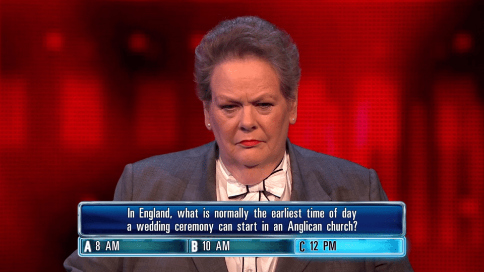 Screenshot of a game show contestant considering the question: "In England, what is normally the earliest time of day a wedding ceremony can start in an Anglican church?" with options 8 AM, 10 AM, and 12 PM.
