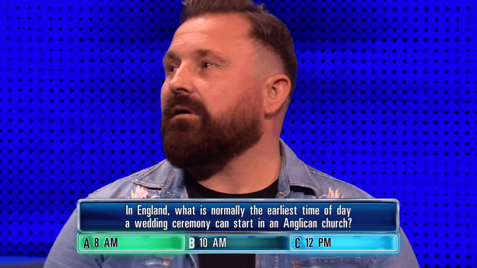 Screenshot of a man on a game show considering the question: "In England, what is normally the earliest time of day a wedding ceremony can start in an Anglican church?"  The options are 8 AM, 10 AM, and 12 PM.