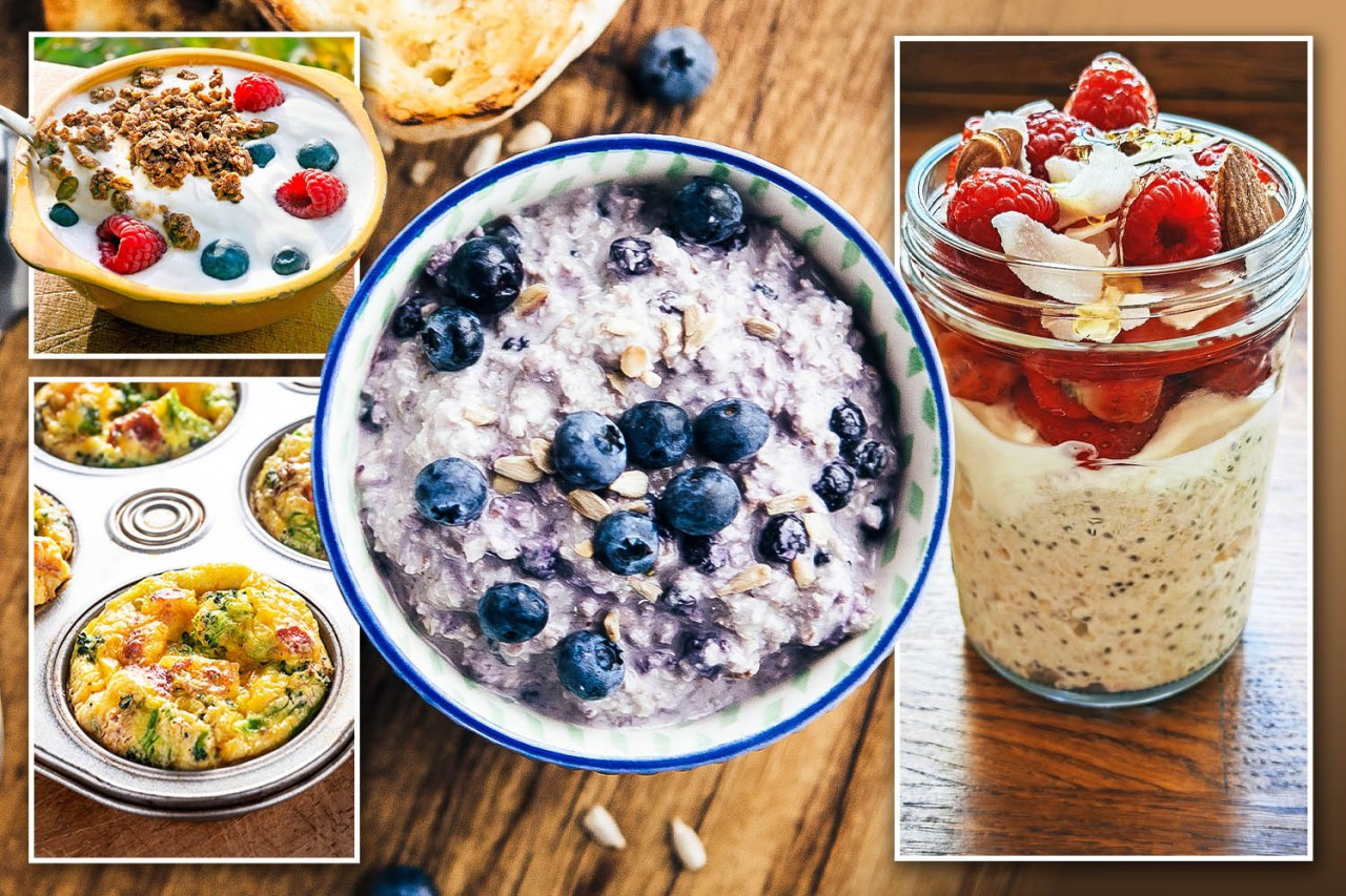 Collage of various breakfast options including oatmeal, yogurt parfaits, and egg muffins.