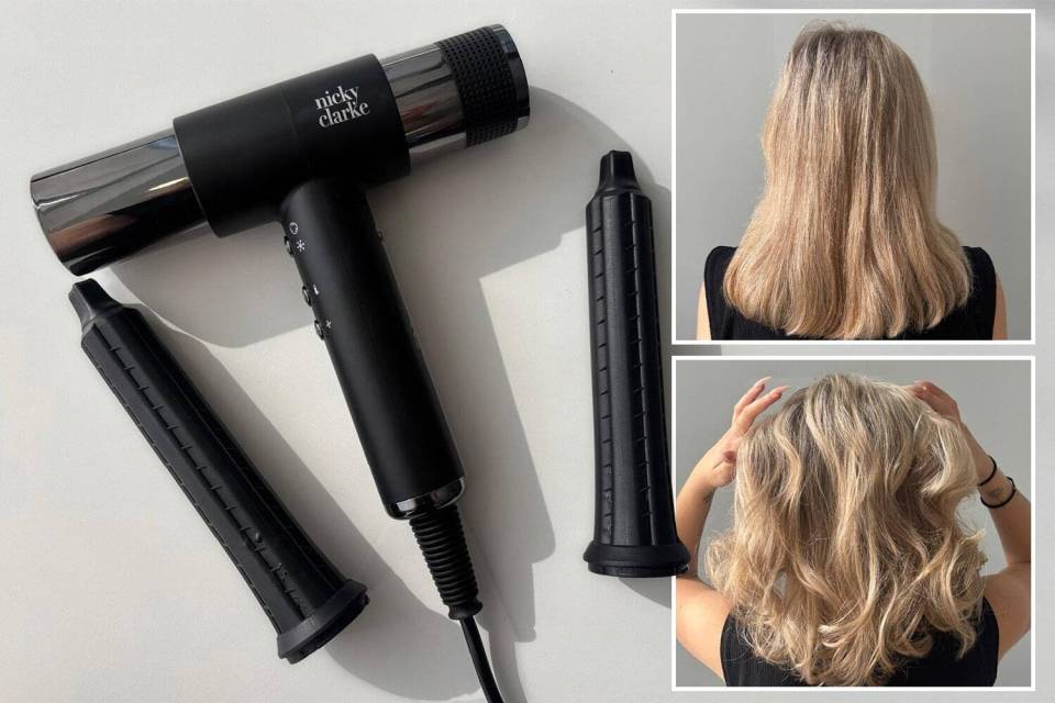 Hair dryer with styling attachments and before-and-after hair styling results.