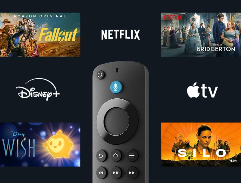 Amazon Fire TV Stick remote with streaming service logos.