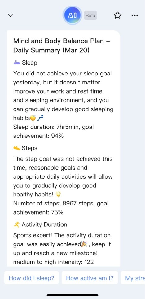 Screenshot of a phone screen showing a daily summary of sleep and activity.