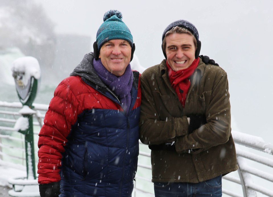 Bradley Walsh and his son Barney shivering at Niagara Falls.