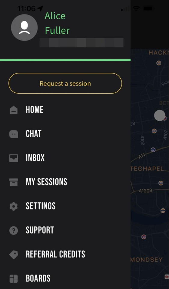 Screenshot of fitness app interface showing user profile, menu options, and map.