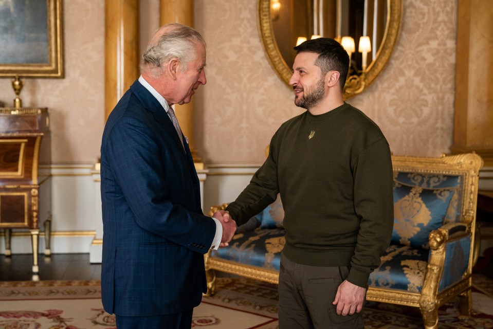King Charles III shaking hands with Volodymyr Zelenskyy at Buckingham Palace.