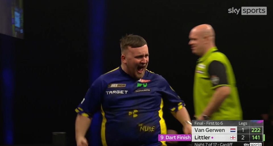 Littler celebrating a 9-dart finish in a darts match.