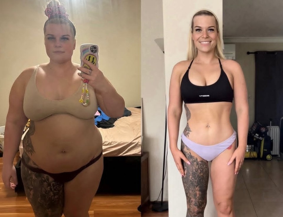 Before and after photos of a woman's weight loss journey.