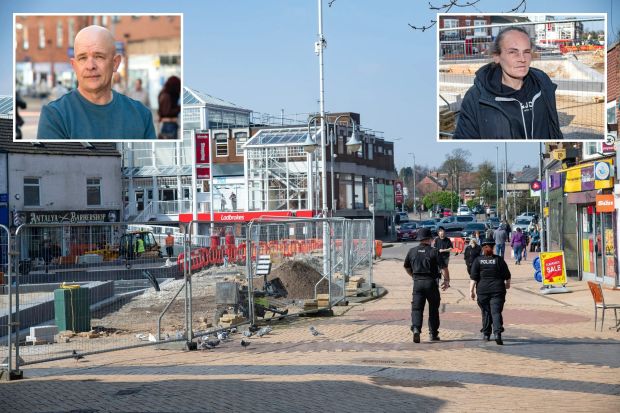 An image collage containing 3 images, Image 1 shows Police officers walking past a construction site in Sutton-in-Ashfield, Image 2 shows Portrait of Dave Sanders, a former miner, now a window cleaner, Image 3 shows Homeless woman in Sutton-in-Ashfield, England, standing before construction of a new town square