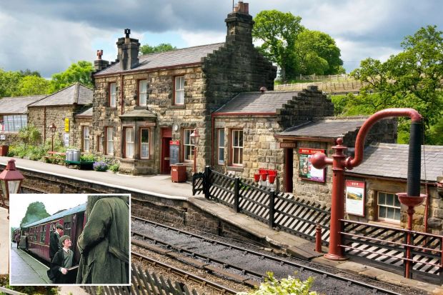 An image collage containing 2 images, Image 1 shows Stone railway station building with tracks and fences, Image 2 shows Hogsmeade Station scene from the Harry Potter films