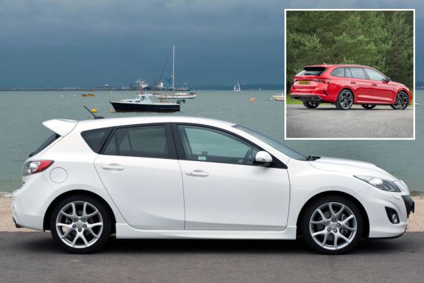 An image collage containing 2 images, Image 1 shows White Mazda 3 MPS hatchback parked by the sea, Image 2 shows Two red Skoda Octavia vRS cars
