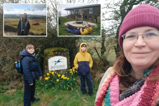 An image collage containing 3 images, Image 1 shows Family by Northumberland National Park sign with daffodils, Image 2 shows Woman standing by Hadrian's Wall, Image 3 shows Two children relaxing in a rope hammock at The Sill hostel