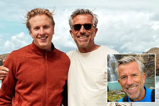 An image collage containing 2 images, Image 1 shows two men standing on a beach with one wearing sunglasses, Image 2 shows two men are posing for a picture in front of a waterfall