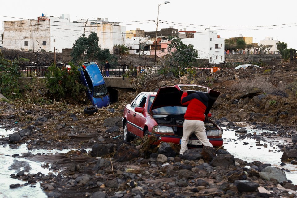 A person inspects a damaged car after a storm.