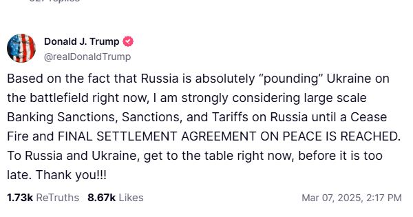 Screenshot of a Truth Social post by Donald J. Trump regarding potential sanctions on Russia.