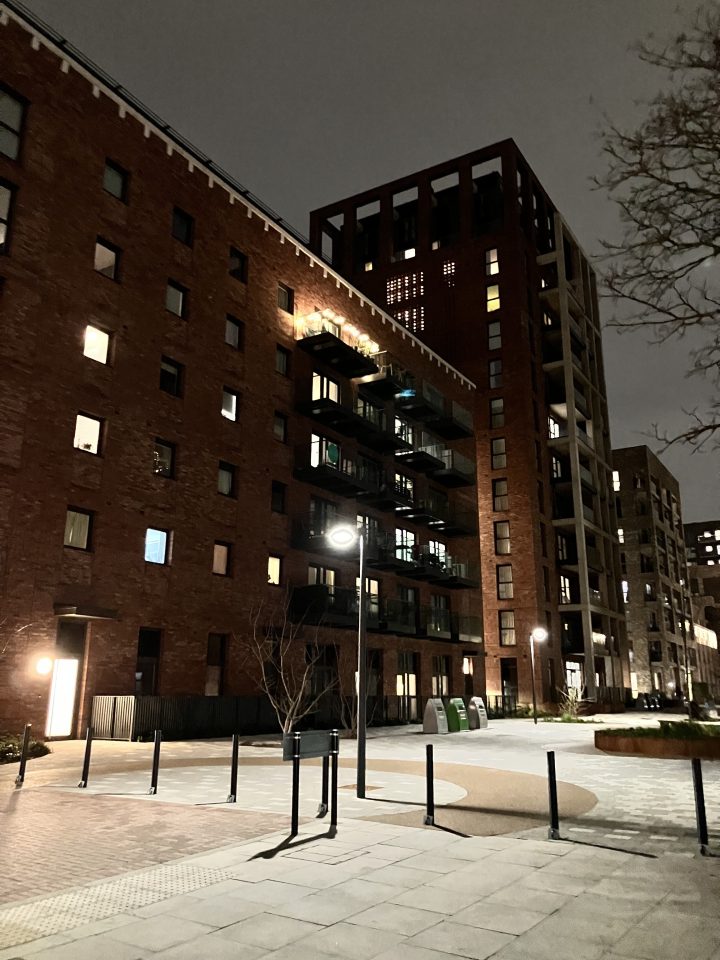 Upton Park flats at night.