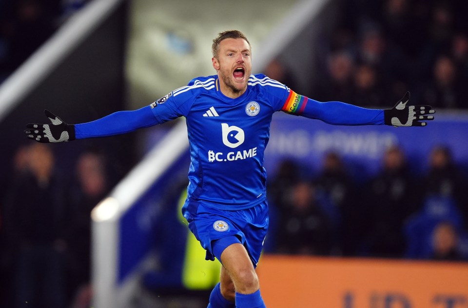 Jamie Vardy of Leicester City celebrating a goal.