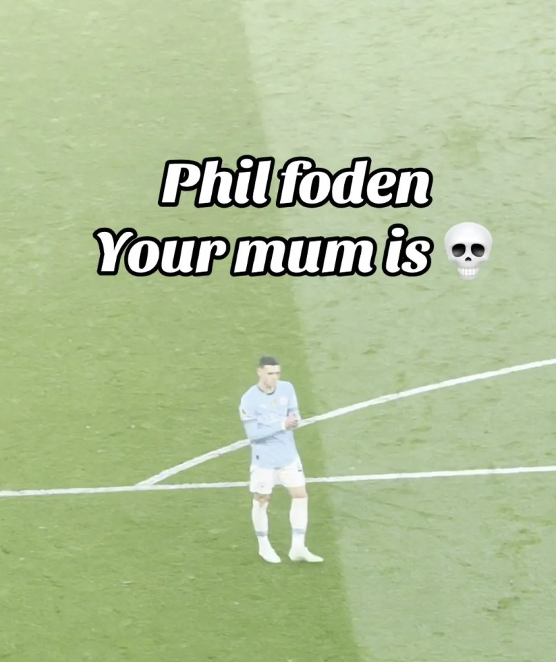 Phil Foden on a soccer field with text overlay: "Phil foden Your mum is 💀"