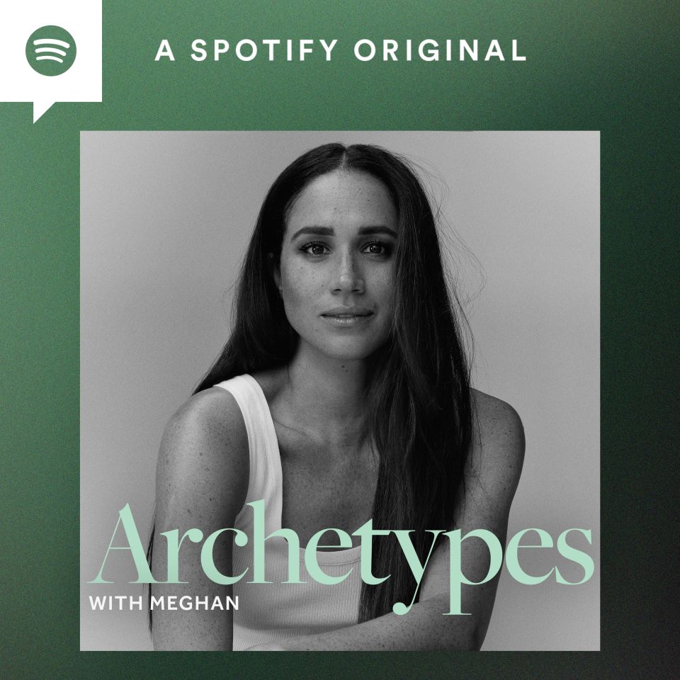 Podcast cover art for Archetypes with Meghan.  Black and white photo of Meghan Markle.