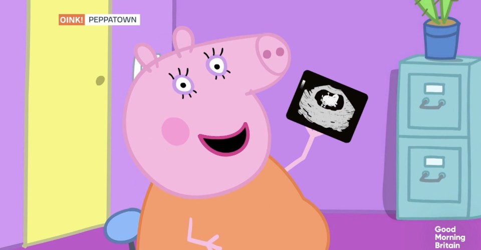 Illustration of Mummy Pig holding an ultrasound image, announcing her pregnancy.