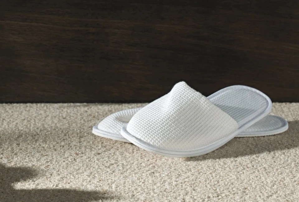 Pair of white slippers on a carpet.