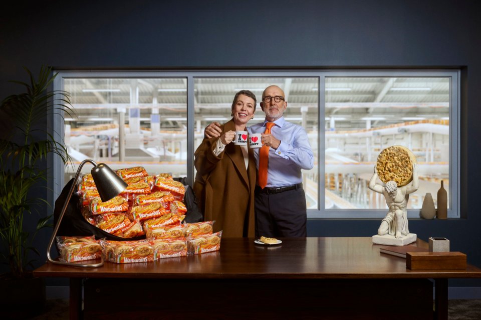 Olivia Colman and Jonathan Warburton in a Warburtons crumpet advertisement.