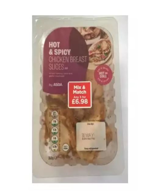 Package of ASDA hot and spicy chicken breast slices.