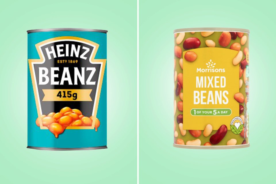 Comparison of Heinz Beanz and Morrison's Mixed Beans cans.