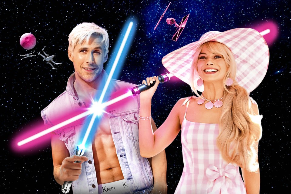 Illustration of Ryan Gosling and Margot Robbie as Ken and Barbie wielding lightsabers in space.